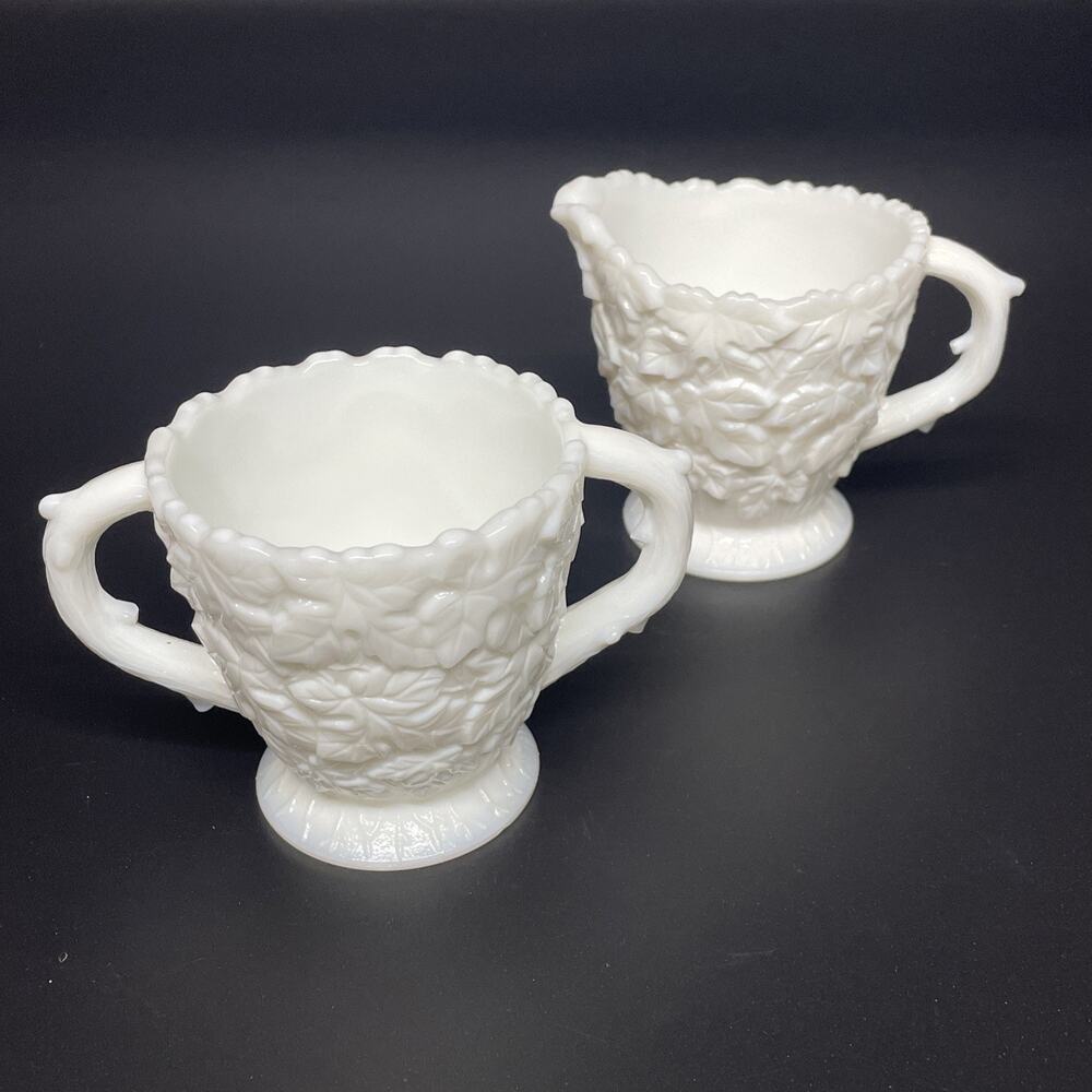 Vtg Westmoreland Milk Glass Sugar & Creamer Set Bramble Maple Leaf Pattern MCM